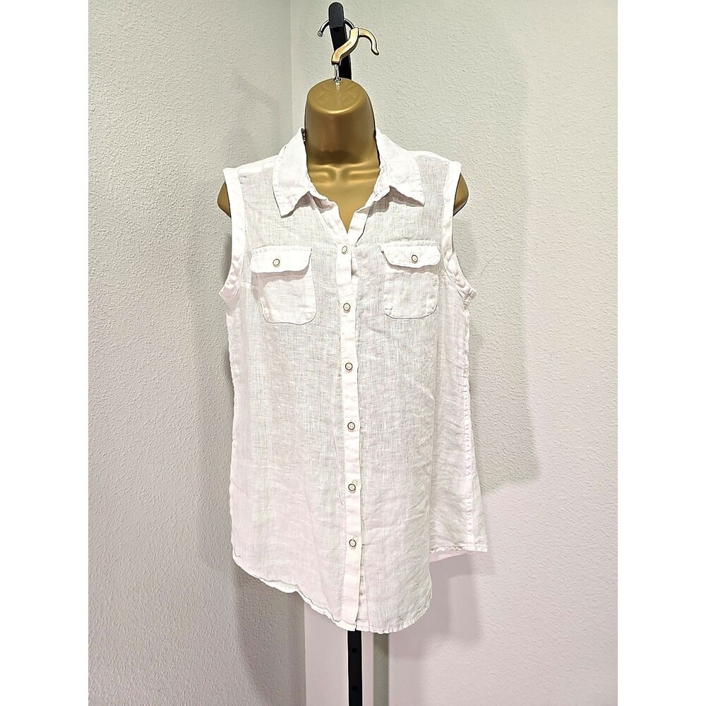 Orvis White Linen Button Up Top Womens Med Sleeveless Minimalist Coastal Cowgirl